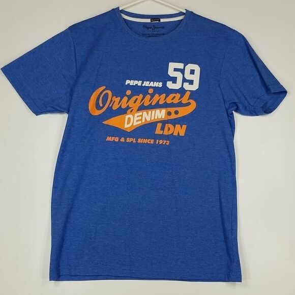 Pepe Jeans London Tee Shirt Womens XL  Blue Orange Graphic Original Denim LDN - Picture 1 of 11